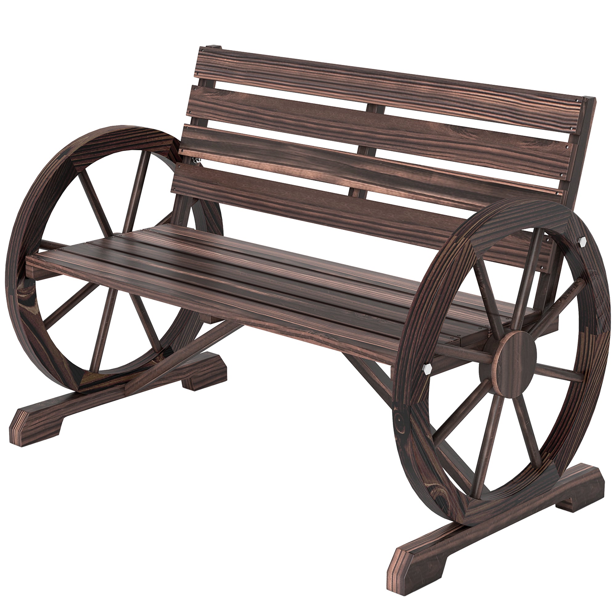 41" Wooden Wagon Wheel Bench, Rustic Outdoor Patio Bench Weather Resistance Furniture, 2-Person Slatted Seat with Backrest, Carbonized