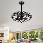 Industrial Bladeless Ceiling Fan with Lights, 18" Caged Design, Reversible Motor, Remote Control, Downrod Mount, E12 Standard Base, Matte Black