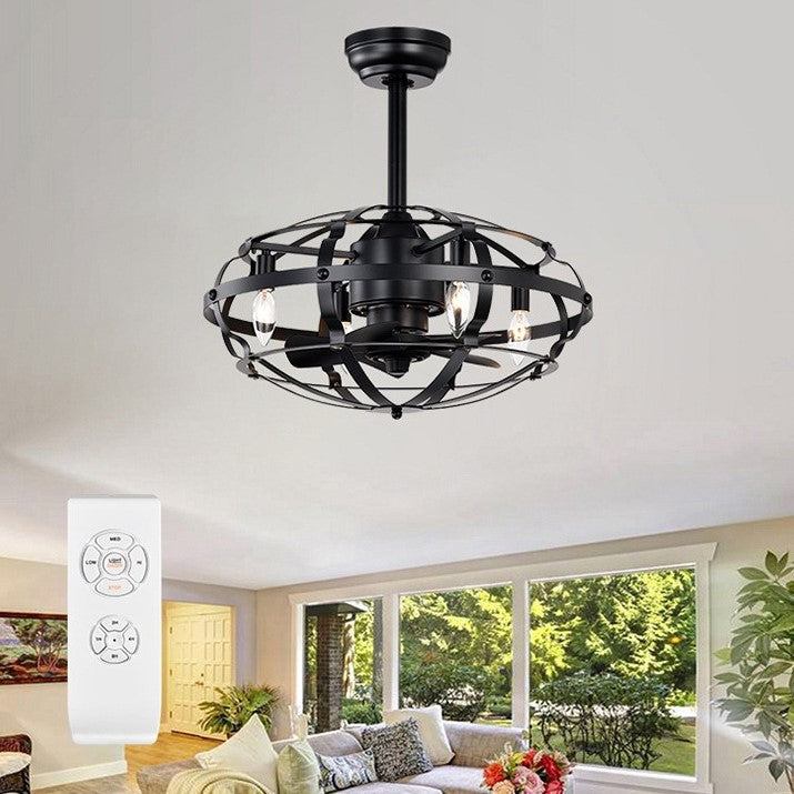 Industrial Bladeless Ceiling Fan with Lights, 18" Caged Design, Reversible Motor, Remote Control, Downrod Mount, E12 Standard Base, Matte Black