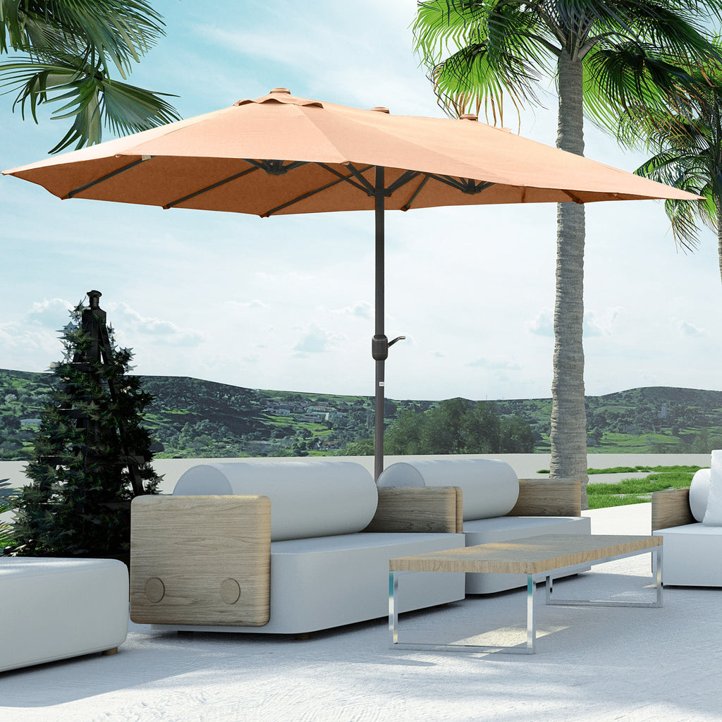 Patio Umbrella 15' Steel Rectangular Outdoor Double Sided Market with base, UV Sun Protection & Easy Crank for Deck Pool Patio, Coffee