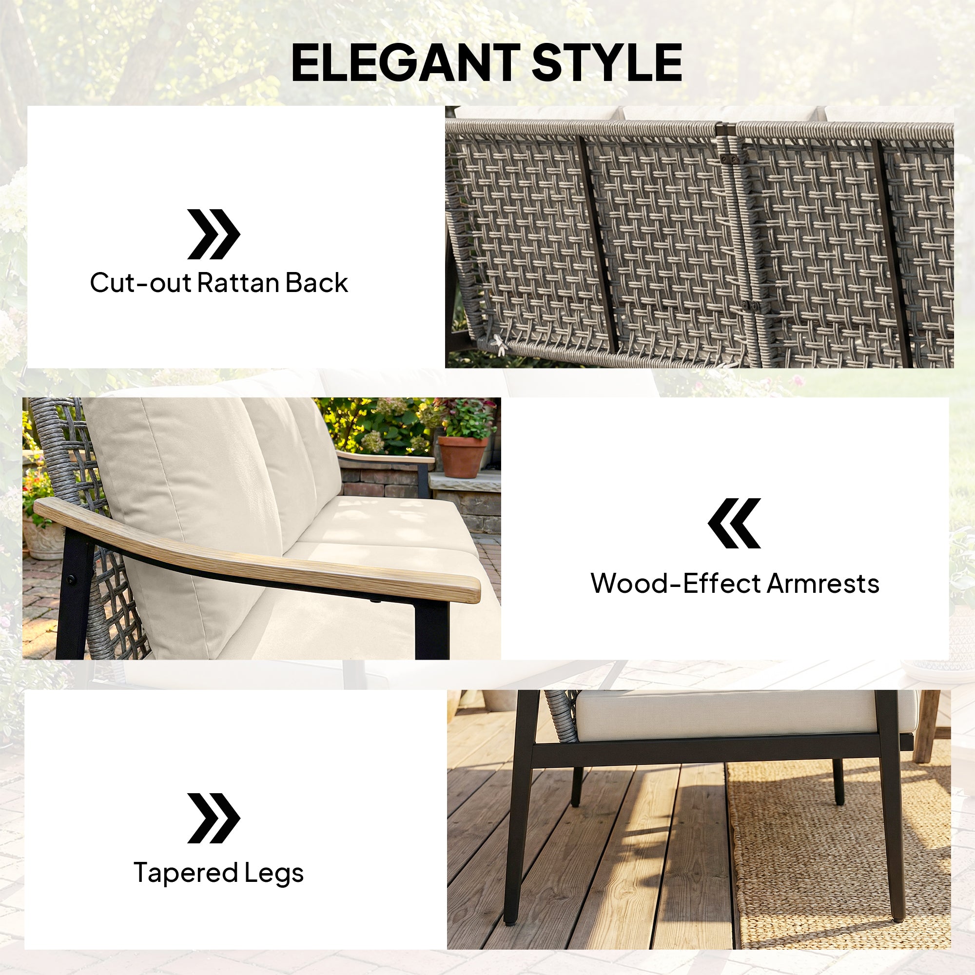3 Seater Outdoor Patio Sofa, Outdoor Couch with Wood-Effect Armrests, Wicker Backrest, Cushions for Garden Yard, Khaki