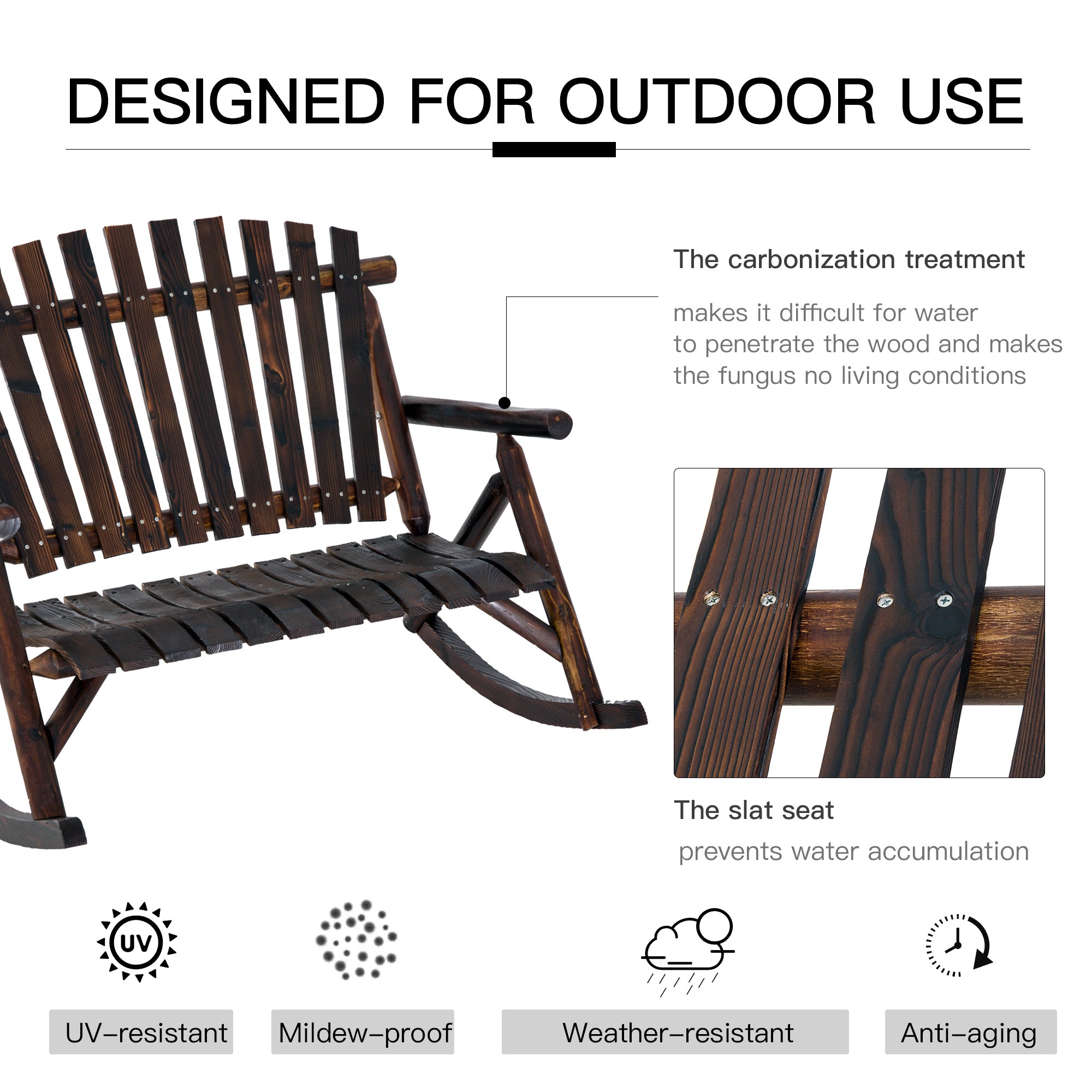 Wooden Porch Rocking Chair, Wood Double Adirondack, Rocker for Indoor or Outdoor with High Rise Slatted Back, Carbonized