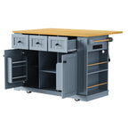 Kitchen Island Cart with Drop Leaf, Power Outlet, Internal Storage Rack, Rolling on 5 Wheels, Adjustable Shelves, and Bamboo Sticks, Gray+Blue