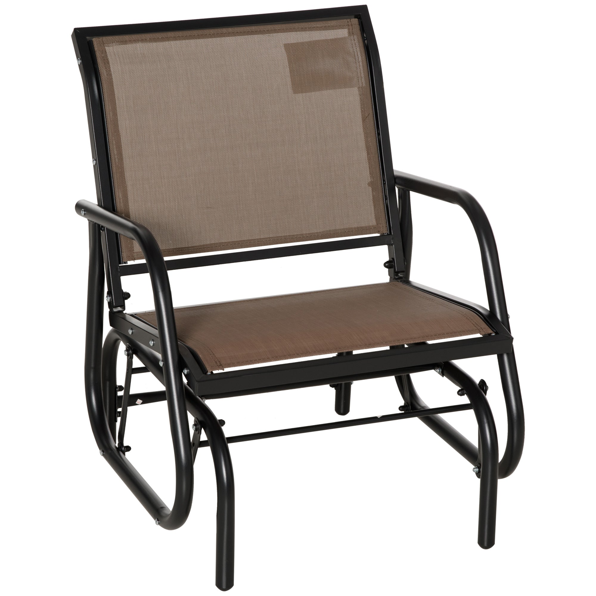 Porch Glider, Metal Frame Swing Glider Chair with Breathable Mesh Fabric, Curved Armrests and Steel Frame for Garden, Poolside, Backyard, Balcony, Brown