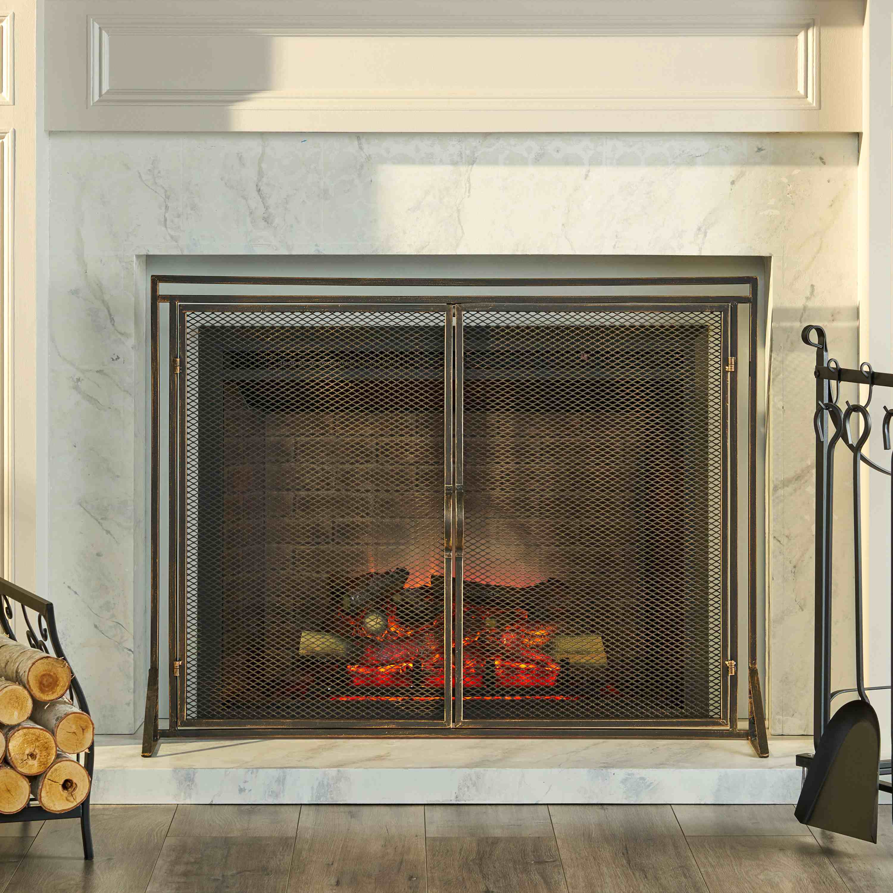 Iron Fireplace Screen with Easy Access Doors, Matte Black Finish, Hand-Crafted Details, 40" L x 10.25" W x 30.5" H, Black+Gold