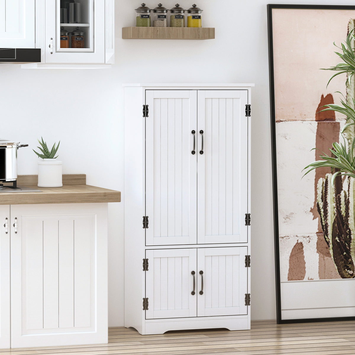 Accent Floor Storage Cabinet Kitchen Pantry with Adjustable Shelves and 2 Lower Doors, White