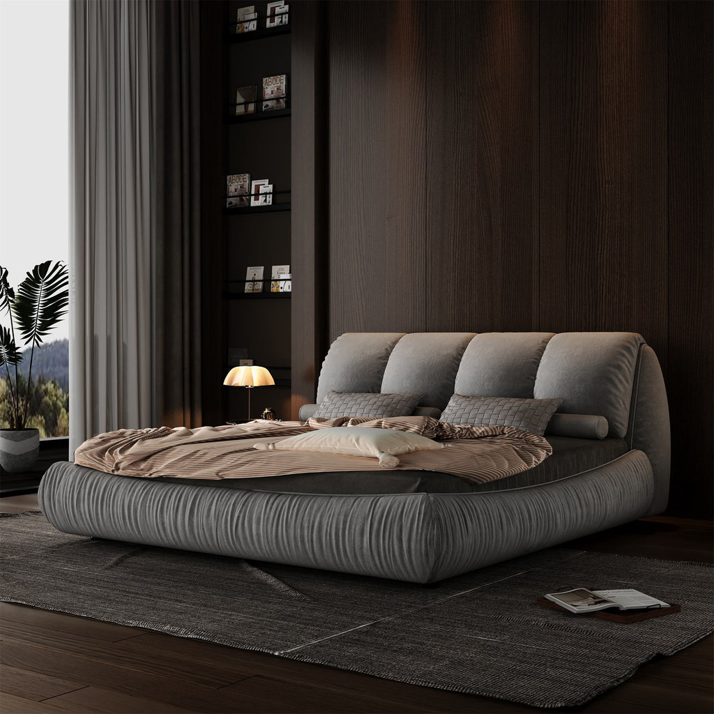 King Size Upholstered Bed with Oversized Padded Backrest, Solid Wood Frame, Adjustable Mattress Heights, 96.5" L x 86" W x 43.5" H, Gray