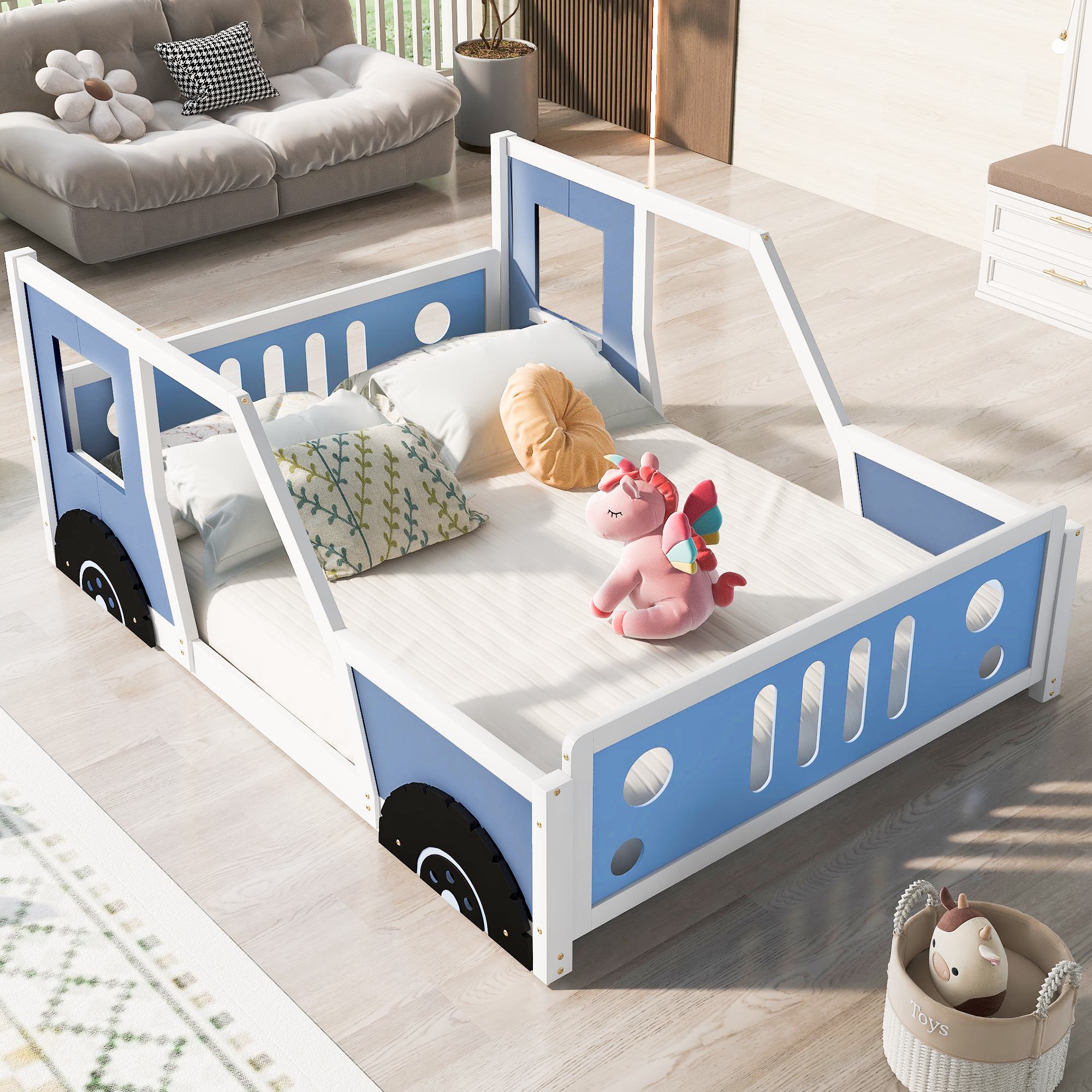 Full Size Classic Car-Shaped Platform Bed with Wheels, Pine Wood Frame, Easy Assembly, 77.5" L x 57" W x 32" H, Blue
