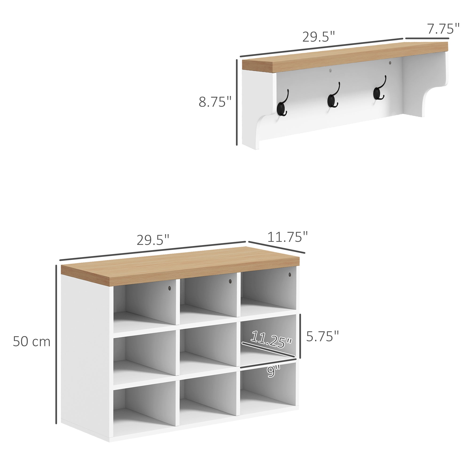 2-in-1 Coat Rack Shoe Bench Set, 5-Hook Hall Tree with Bench and Shoe Storage for 9 Pairs of Shoes for Entryway, Hallway, White