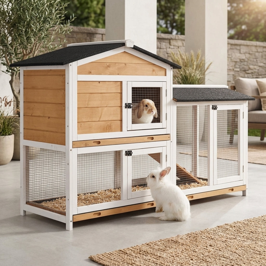 62" Rabbit Hutch, Wooden Bunny Hutch, Guinea Pig Cage, Small Animal Enclosure with Run Area, Removable Tray, Asphalt Roof, Lockable Doors and Ramp, for Rabbits, Chickens, Ducks, Nature Wood