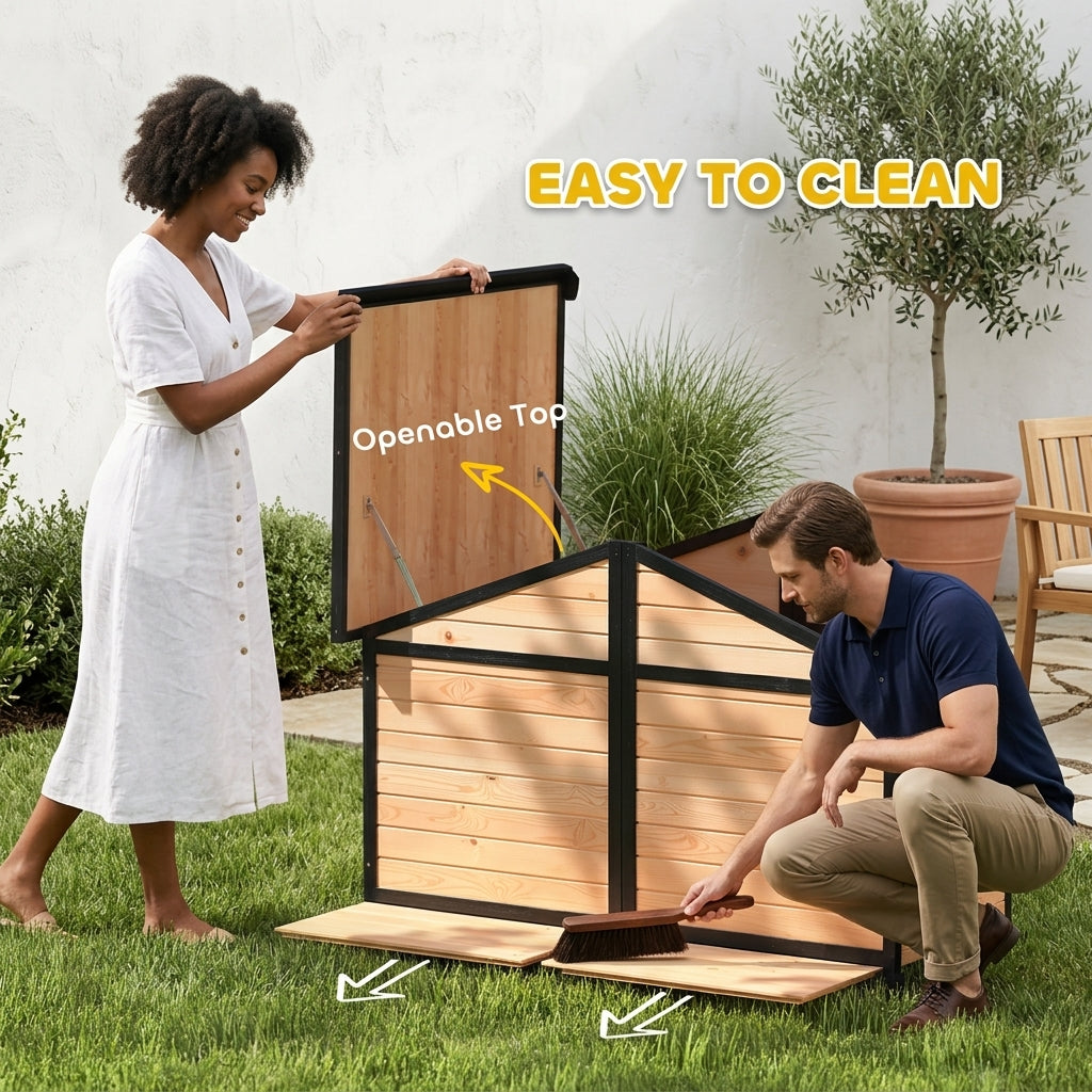 Dog House Outdoor, Wooden Dog Kennel Weatherproof with Porch, Openable Roof, Removable Bottom, Elevated Floor, Double Room for 2 Small to Medium Breeds, Natural