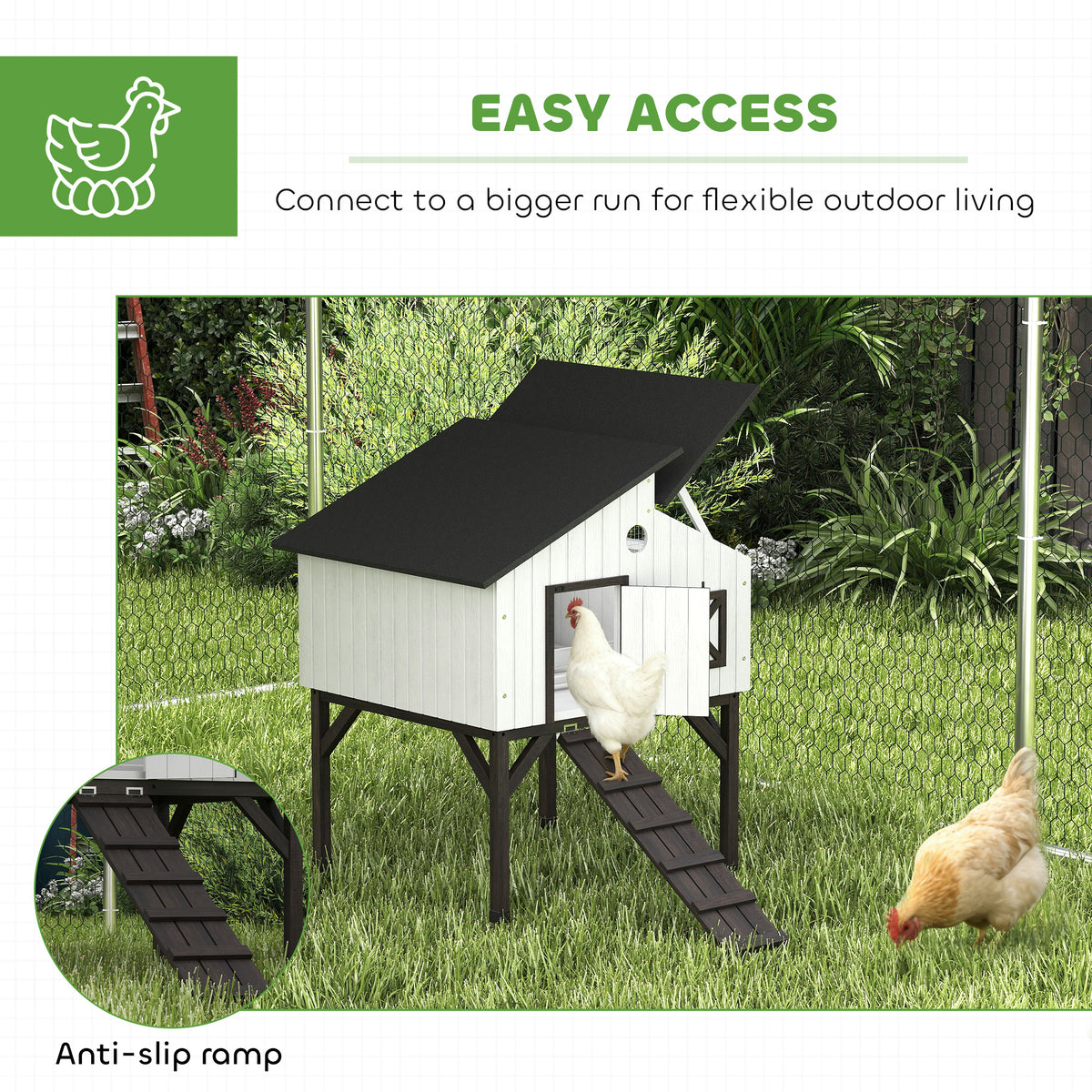 Chicken Coop Hen House with Nesting Box, Elevated Rabbit Hutch with Ramp, Asphalt Openable Roof and Elevated Legs