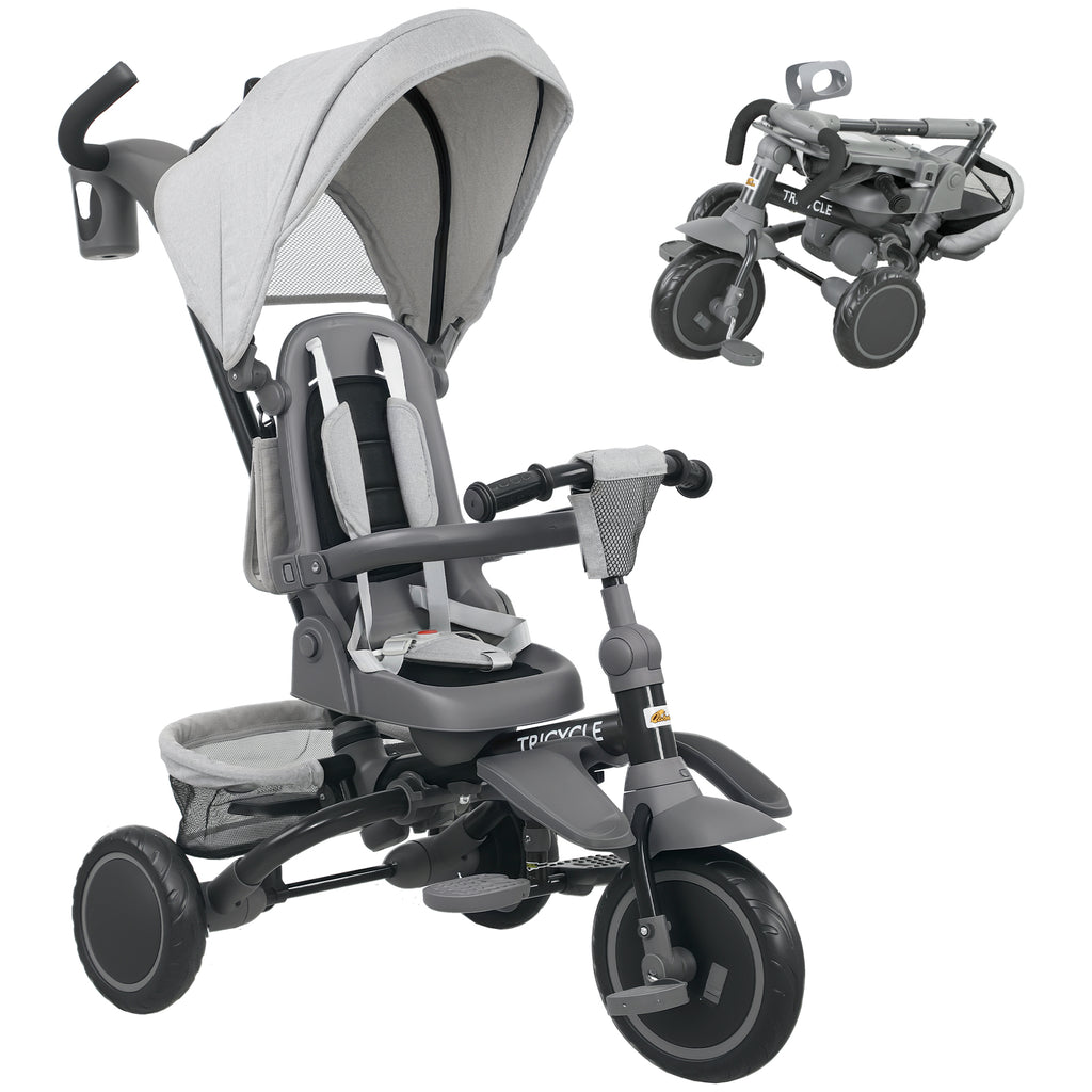 6 in 1 Kids Tricycle with Adjustable Push Handle, Removable Canopy, Reversible Seat, for 1-5 Years, Gray