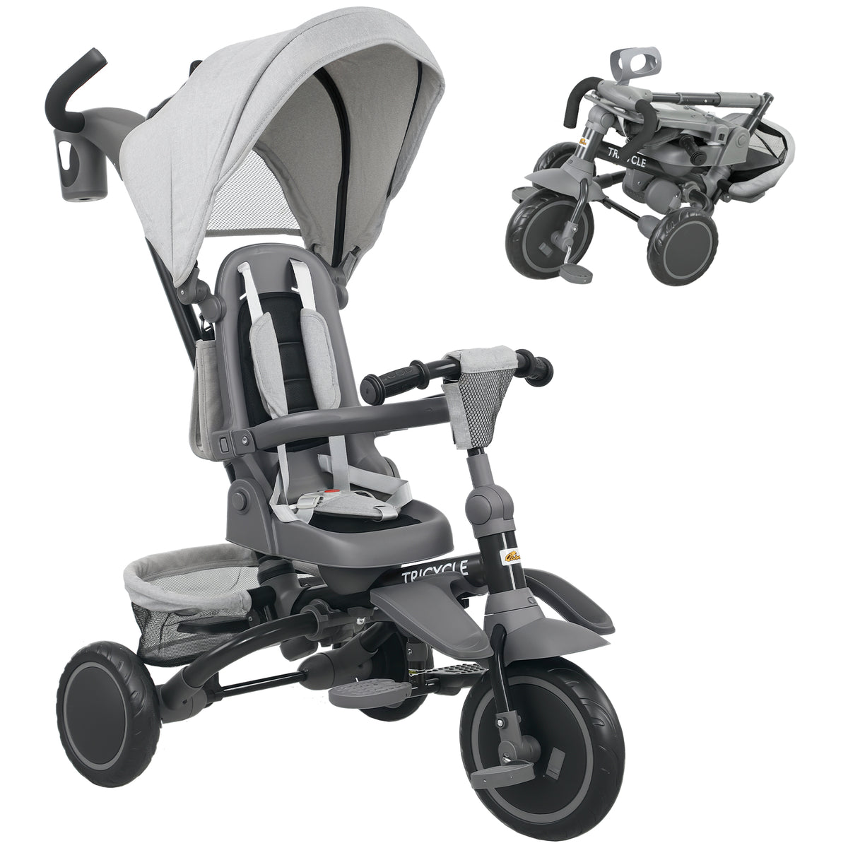 6 in 1 Kids Tricycle with Adjustable Push Handle, Removable Canopy, Reversible Seat, for 1-5 Years, Gray