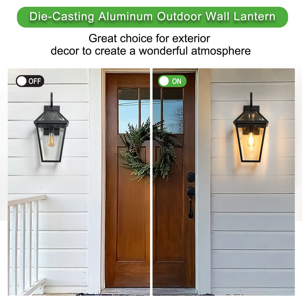 21" Outdoor Wall Lantern Light with Weather-Resistant Design, Modern Meta, Clear Glass Sconce, Easy Installation, 12" L x 10" W x 21" H, Black