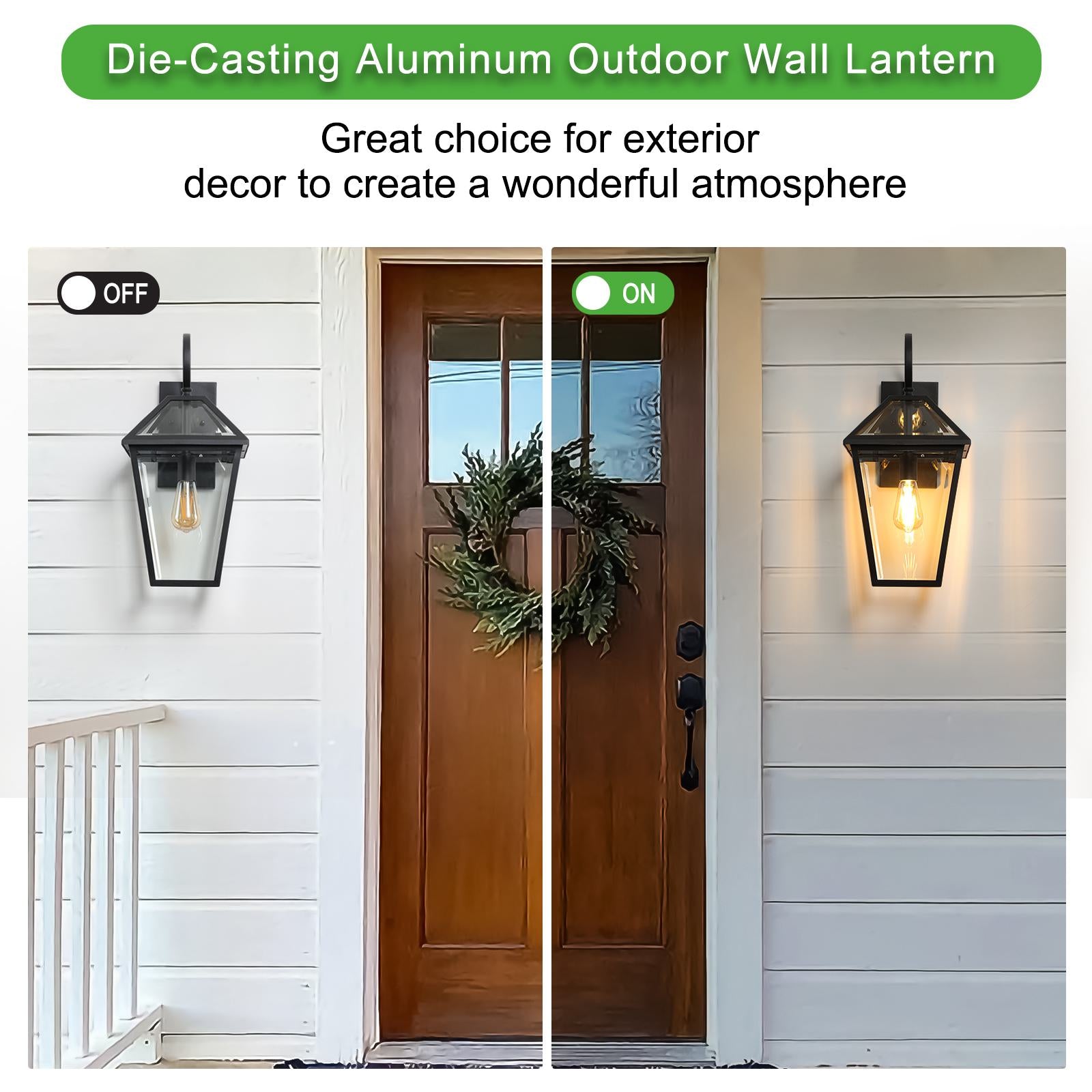 21" Outdoor Wall Lantern Light with Weather-Resistant Design, Modern Meta, Clear Glass Sconce, Easy Installation, 12" L x 10" W x 21" H, Black