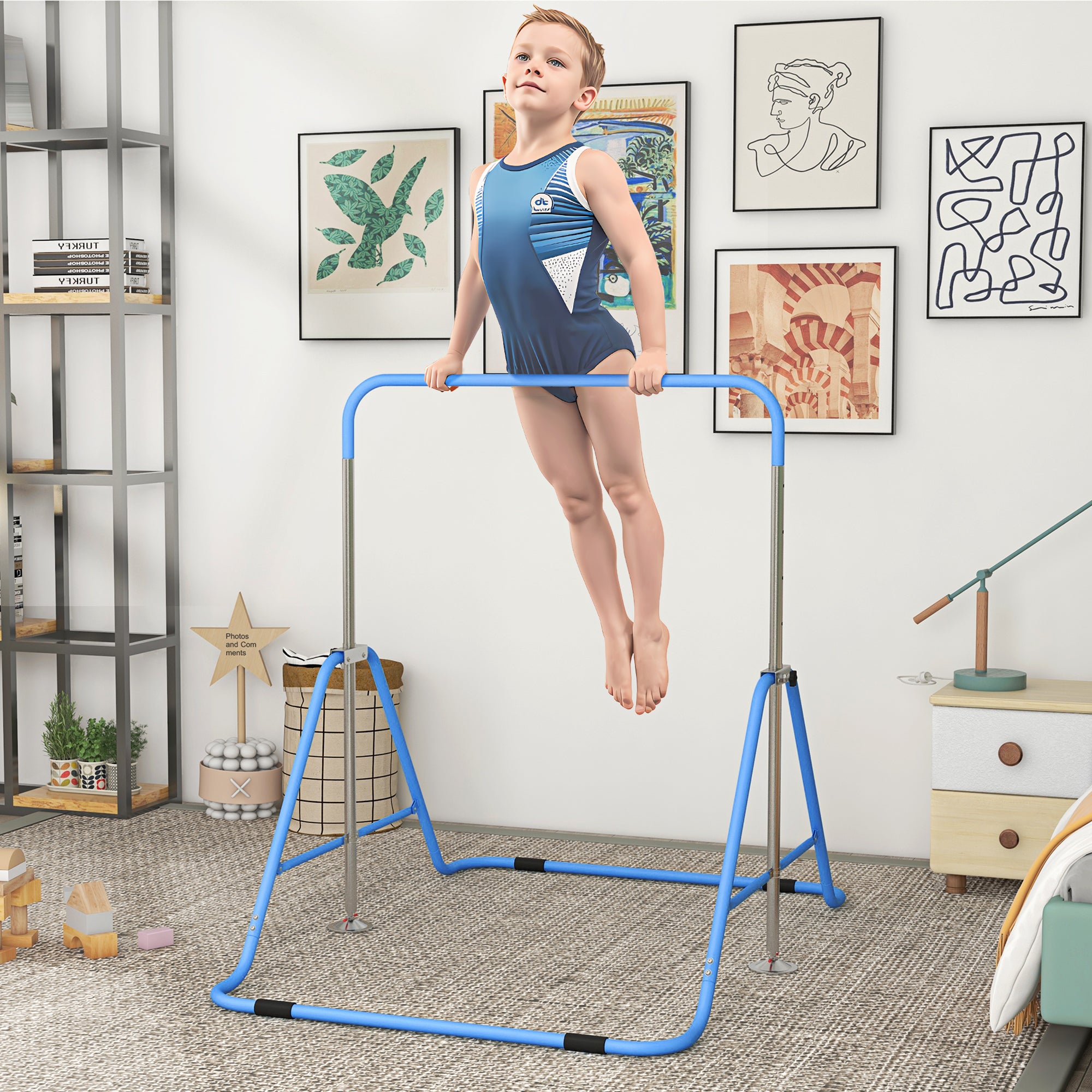Folding Gymnastics Bar for Kids, Adjustable Height, Bubble Gum Blue