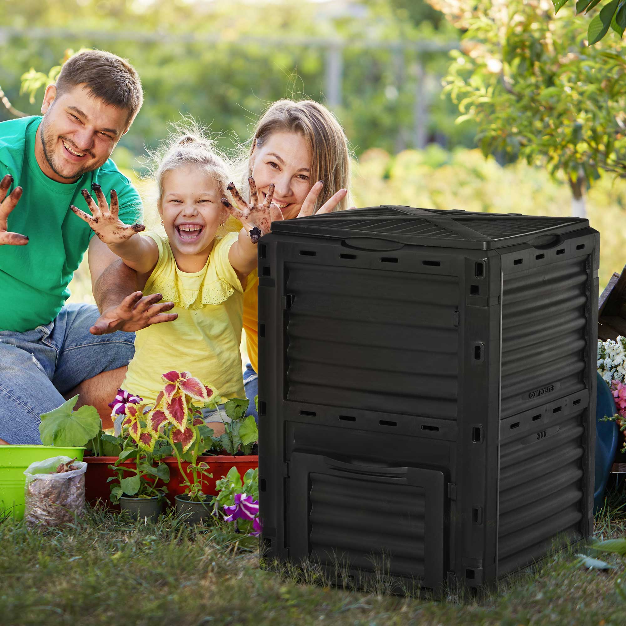 Garden Compost Bin 80 Gallon Outdoor Large Capacity Composter Fast Create Fertile Soil Aerating Box, Black