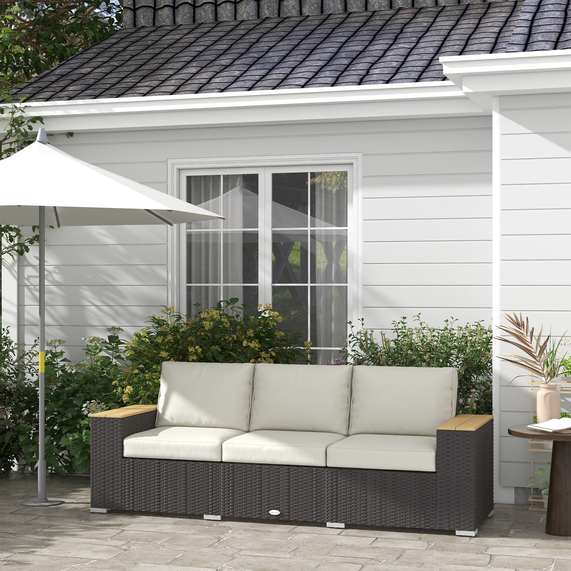 3-Seat Outdoor Patio Sofa, PE Wicker Outdoor Couch with Extra Wide Deep Seat, Wide Armrests 4" Cushions, Beige