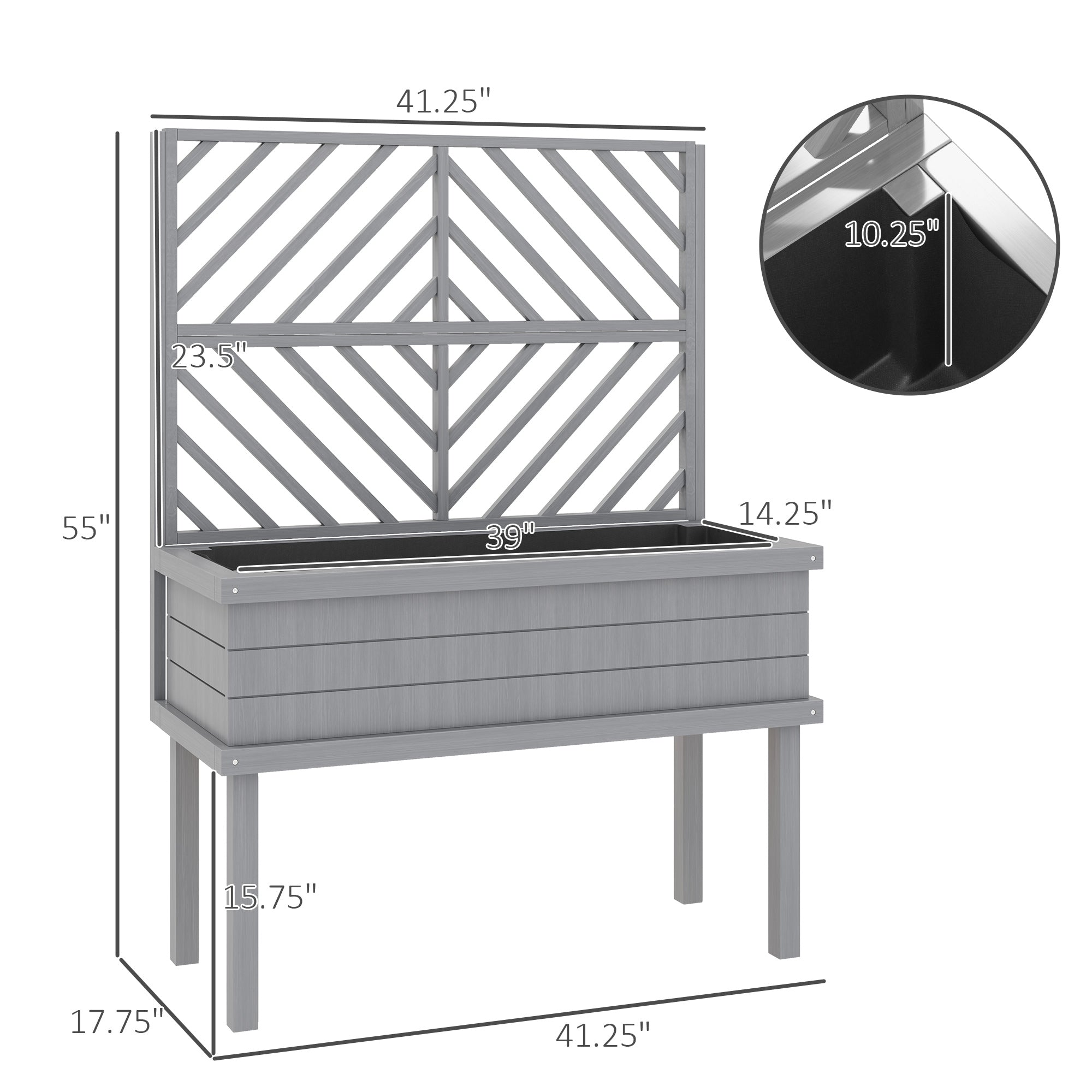 Elevated Wood Planter with Trellis for Climbing Plants, Raised Garden Bed with Legs and Drainage Holes, Gray