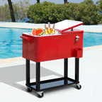 80 QT Rolling Cooling Bins Ice Chest on Wheels Outdoor Stand Up Drink Cooler Cart for Party, Red