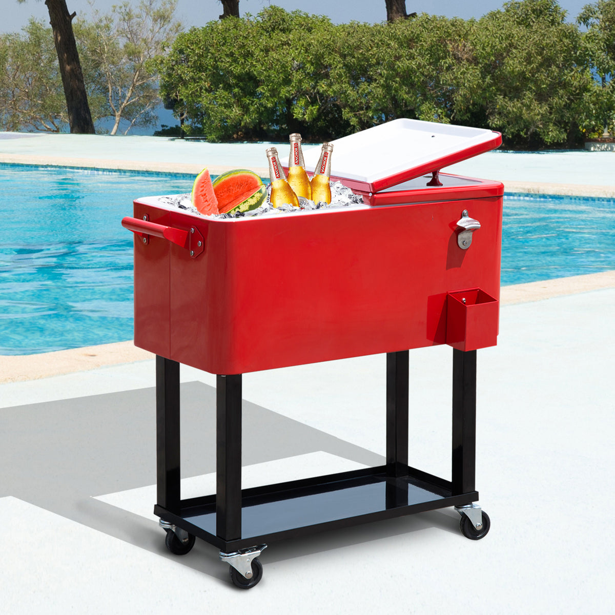 80 QT Rolling Cooling Bins Ice Chest on Wheels Outdoor Stand Up Drink Cooler Cart for Party, Red