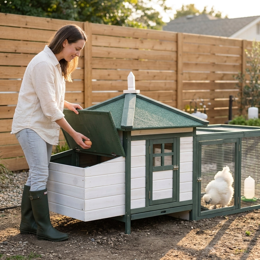 77" Wooden Chicken Coop Hen House Poultry Cage with Weatherproof Roof, Nesting Box, Enclosed Run and Removable Tray for Outdoor Backyard, Green