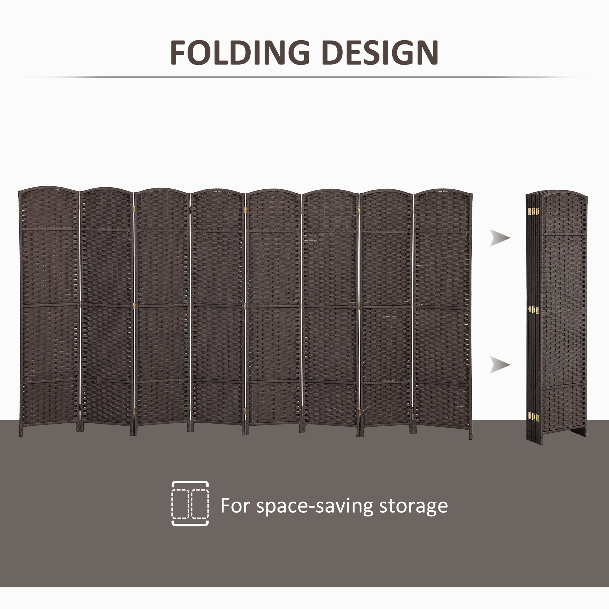 Folding Room Divider Screen 8 Panel 5.6 ' Tall Privacy Screen Freestanding Room Partition for Home Office, Brown