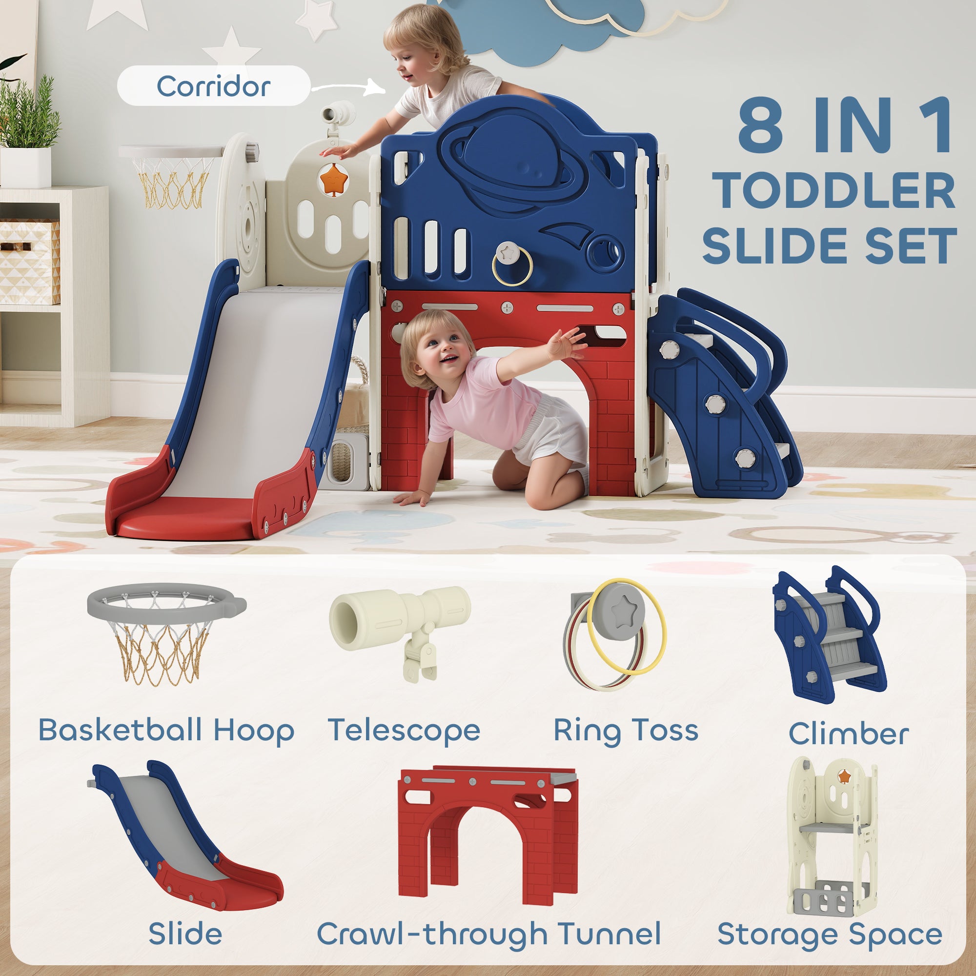8-in-1 Toddler Slide Set with Basketball Hoop, Indoor Outdoor Playground Playset for Kids, Blue
