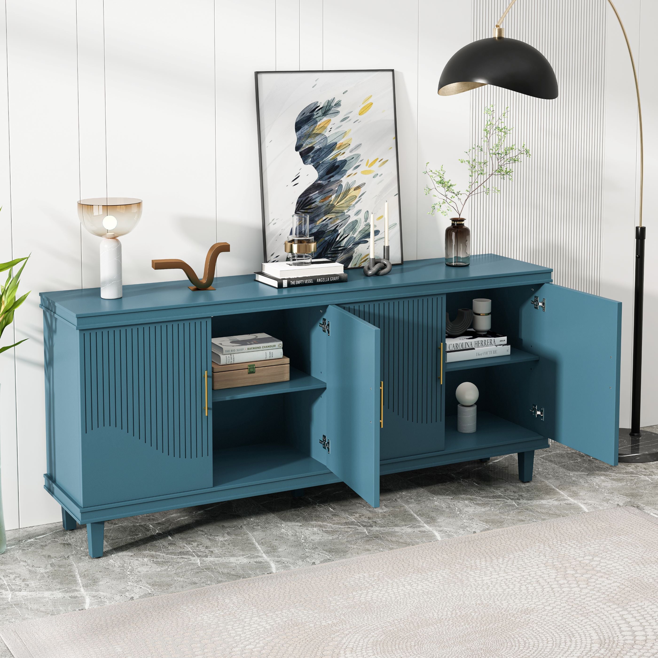 70.07'' Large 4-Door Cabinet, Solid Wood and MDF, Adjustable Shelves, 330 lbs Weight Capacity, for Living Room, Kitchen, Bedroom, Hallway, Olive Green