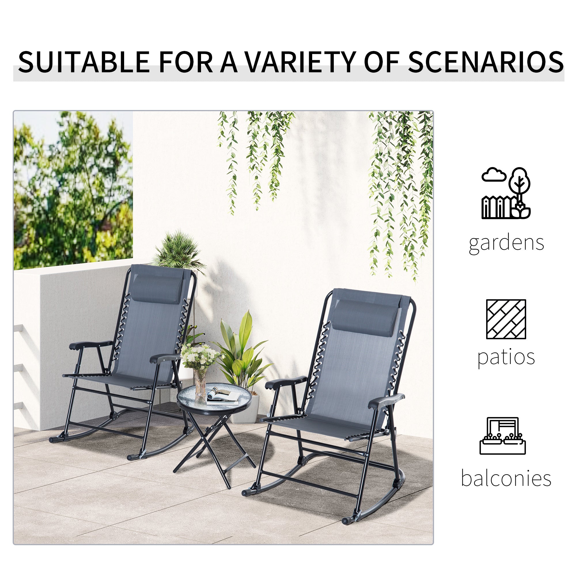 Outdoor Folding Rocking Chair Patio Table Seating Set, 2 Rocking Chairs with Armrests and 1 Side Table with Tempered Glass - Gray
