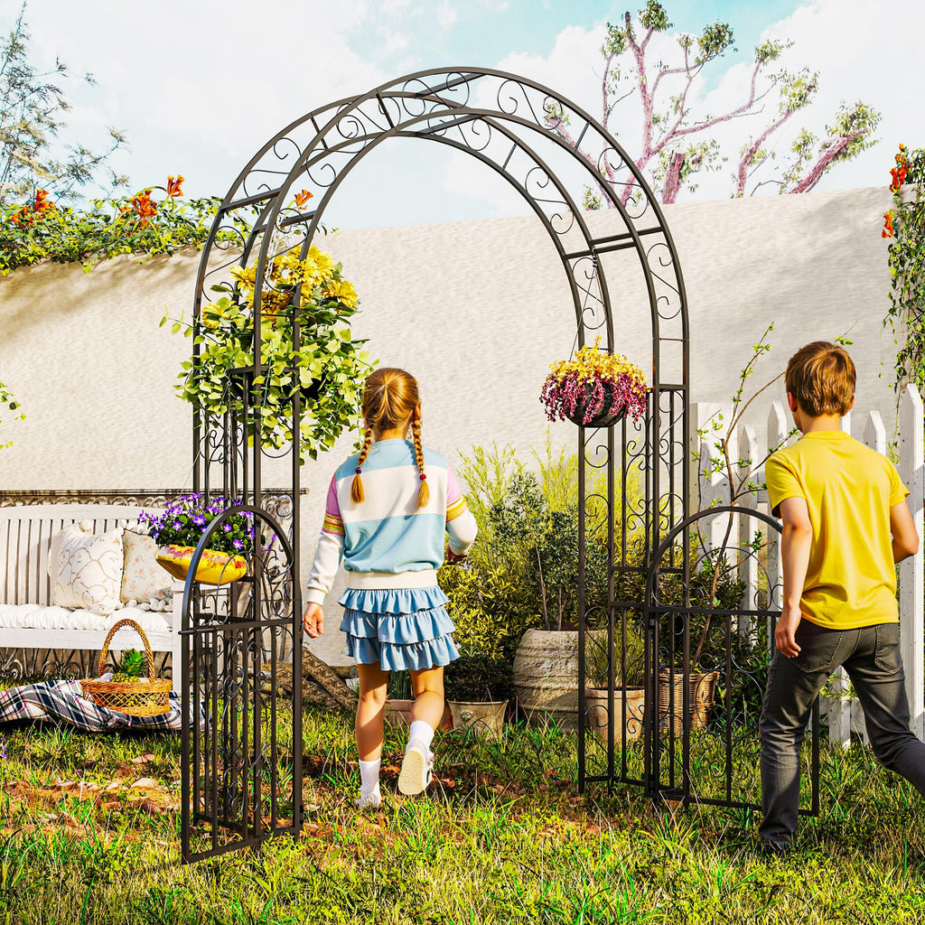 7.4ft Steel Garden Arch with Gate, Garden Arbor Trellis for Climbing Plants, Roses, Vines, Wedding Arch Stand for Outdoor, Garden, Lawn, Backyard, Black