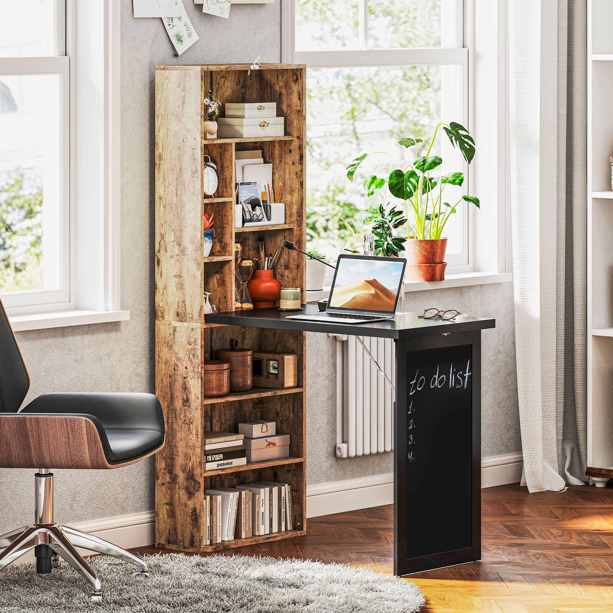 Fold-out Convertible Home Office Desk, Computer Desk with Blackboard and Side Shelf, Rustic Brown