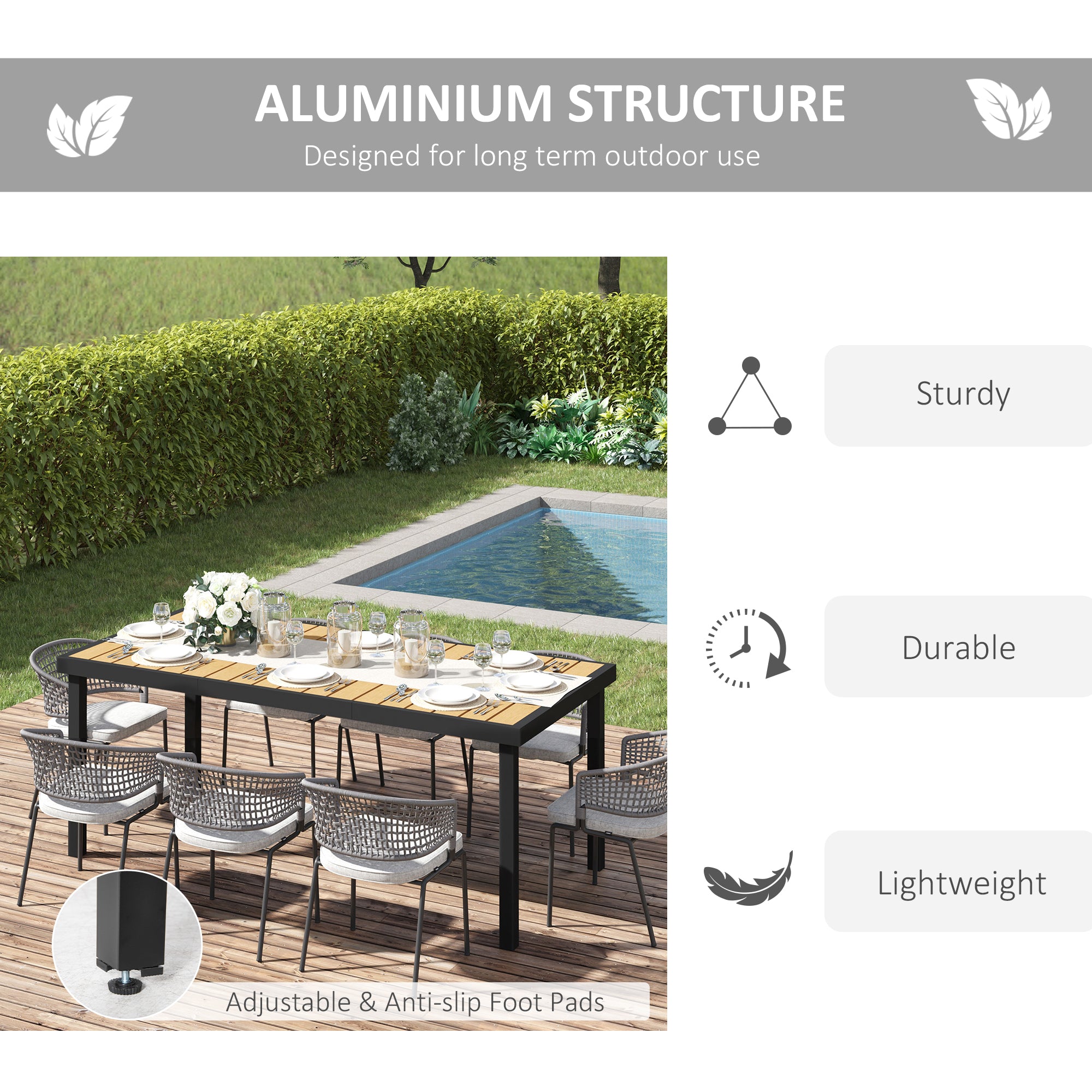 75" x 35" Outdoor Dining Table for 8 People, Rectangular Aluminum Frame Garden Table with All-Weather Faux Wood Top for Lawn, Patio, Natural