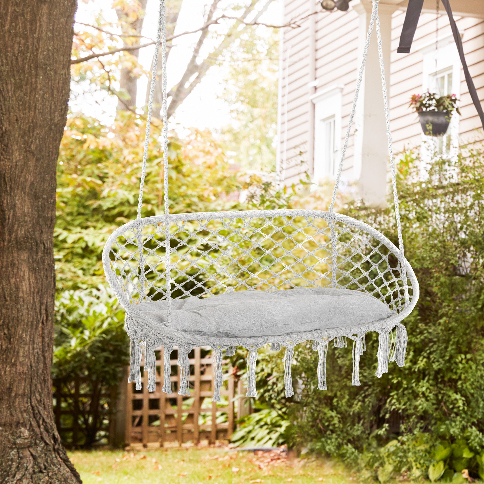 2-Person Hammock Chair Macrame Swing with Soft Cushion, Hanging Cotton Rope Chair for Indoor Outdoor Home Patio Backyard, Light Gray