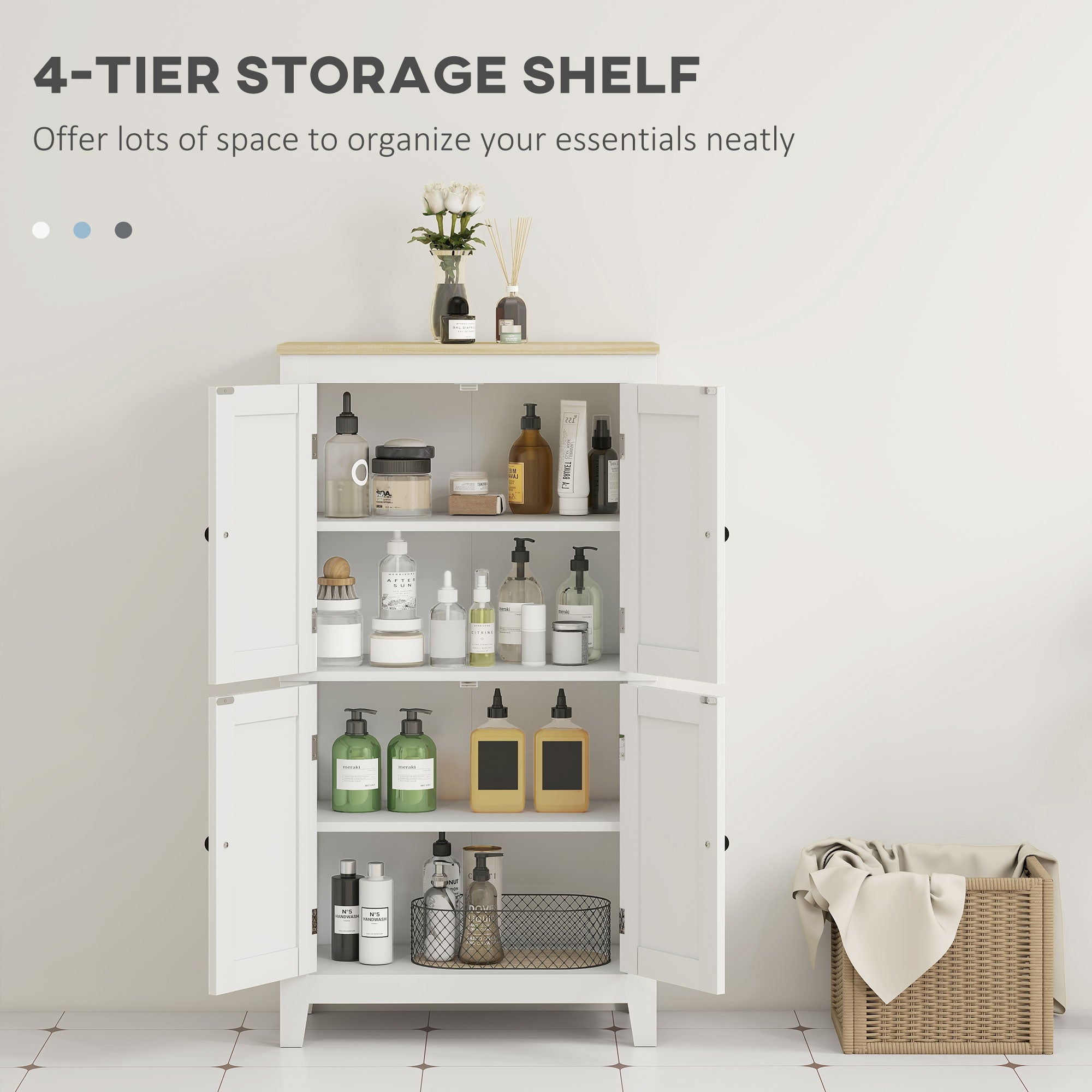 Bathroom Storage Cabinet, Modern Bathroom Floor Cabinet with 4 Doors and 2 Adjustable Shelves, White
