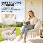 Hammock Swing Chair, Macrame Hanging Chair with Large Cushion, Chain, Steel Frame for Indoor Outdoor Use, Cream White