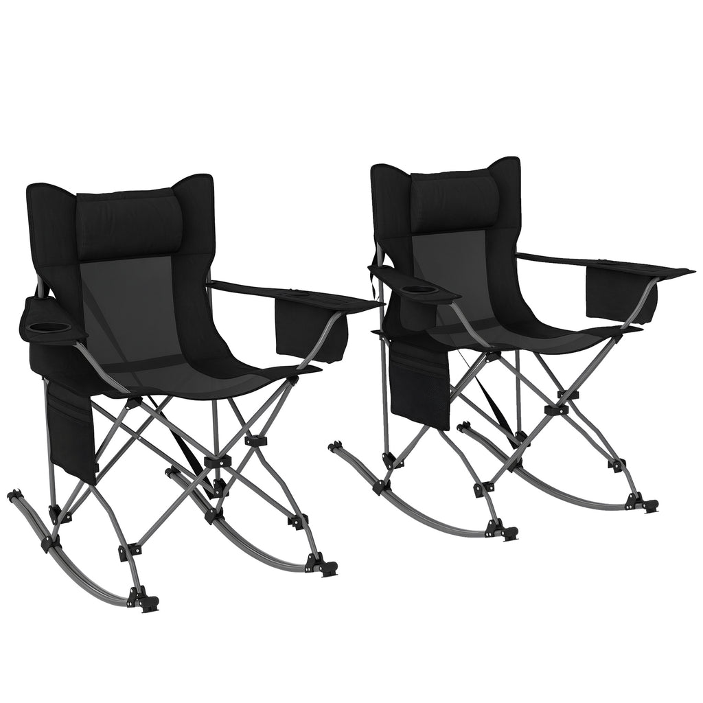 Folding Rocking Camping Chairs, Portable Chairs with Headrest, Cooler Bag, Cup Holder, Carry Bag, 2 Pack, Black