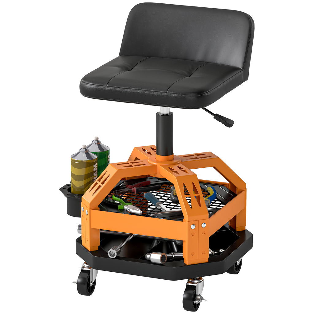 Rolling Creeper Garage Stool, 300 LBS Capacity Mechanic Stool with 360° Wheels, Tool Tray, Adjustable Height, Yellow