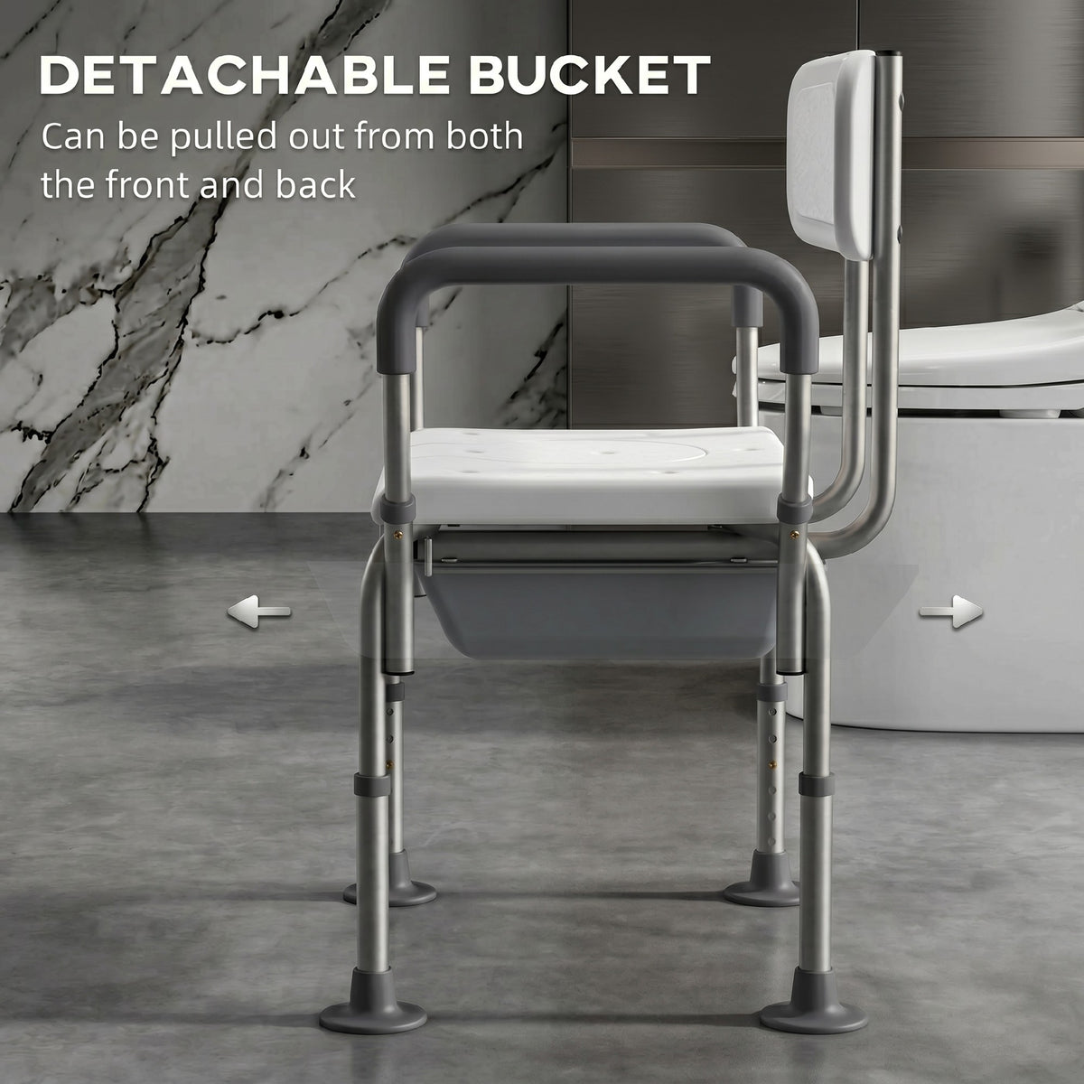 3-in-1 Shower Chair with Back and Arms, Height Adjustable Bedside Commode, Raised Toilet Seat with Non-Slip Rubber Foot Pad for Seniors, Disabled, White