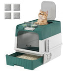 Cat Litter Box Hooded Cat Litter Tray with Drawer Pan Front Entry & Top Exit Easy Cleaning Teal