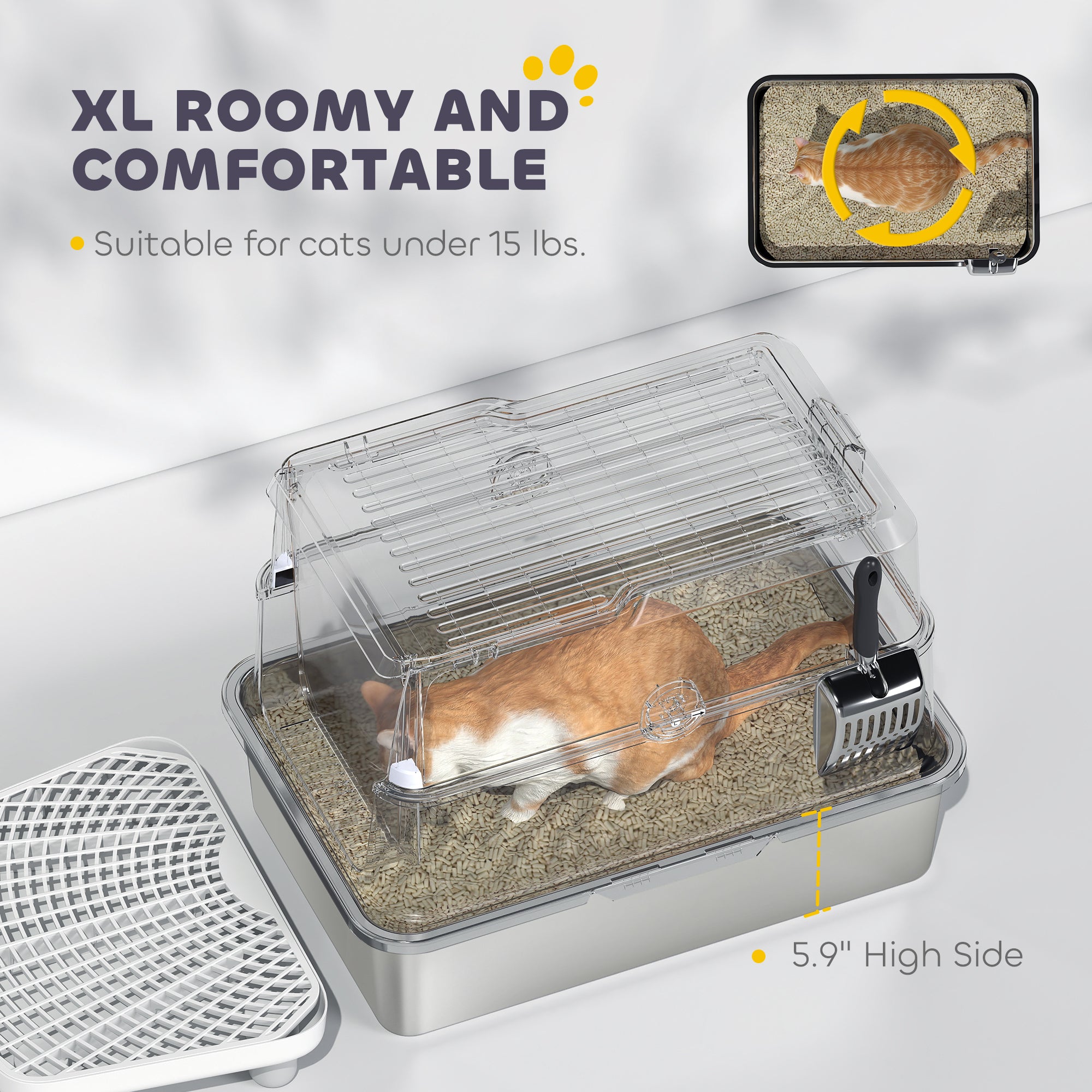 Extra Large Stainless Steel Cat Litter Box for Big Cats with Flip Cover, High-Sided Enclosure & Scoop