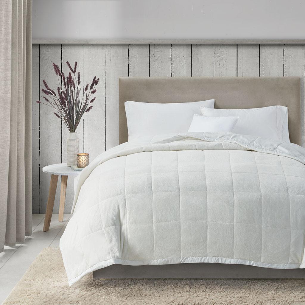 Reversible Smart Temperature Down Alternative Blanket with Plush to Microfiber, OEKO-TEX Certified, for Any Season, 90" L x 90" W x 0.25" H, Ivory