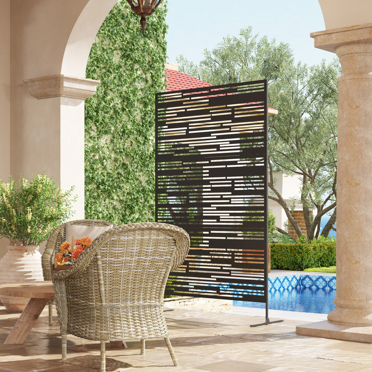 78" H x 48" W Metal Outdoor Privacy Screen, Freestanding Decorative Privacy Fence Screen for Balcony, Black