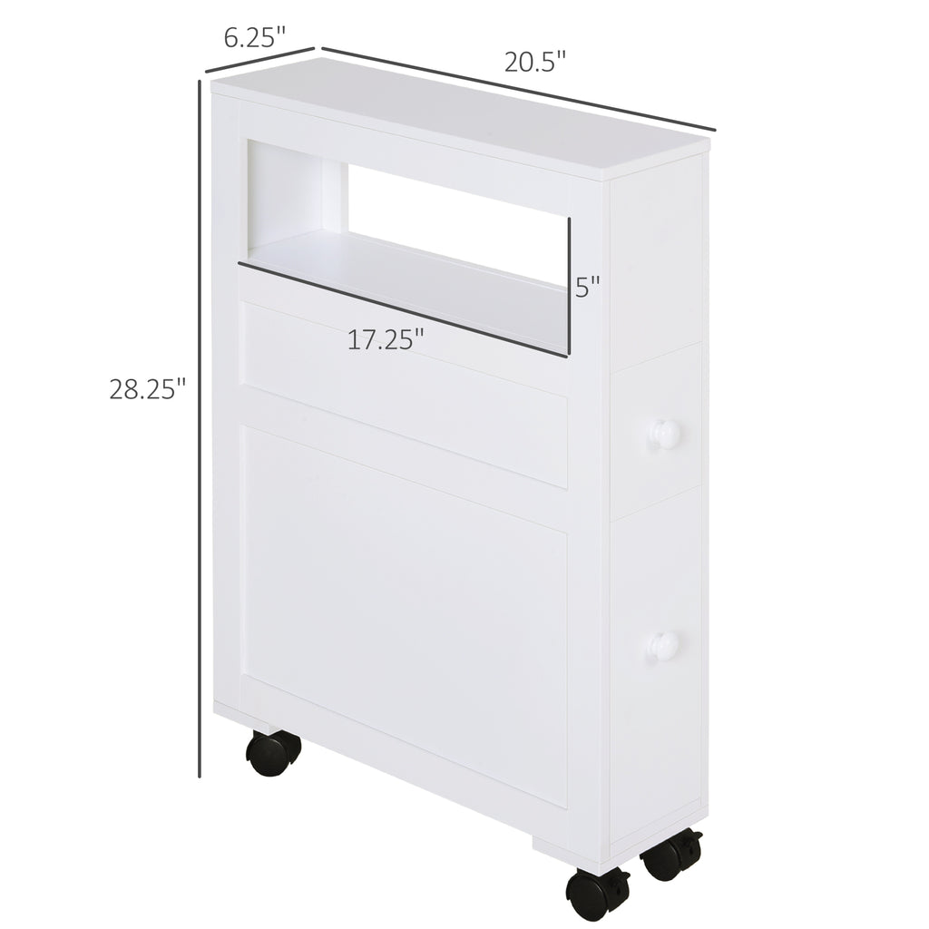 6.25" x 20.5" x 28.25" Wood Rolling Narrow Bathroom Side Storage Cabinet - White