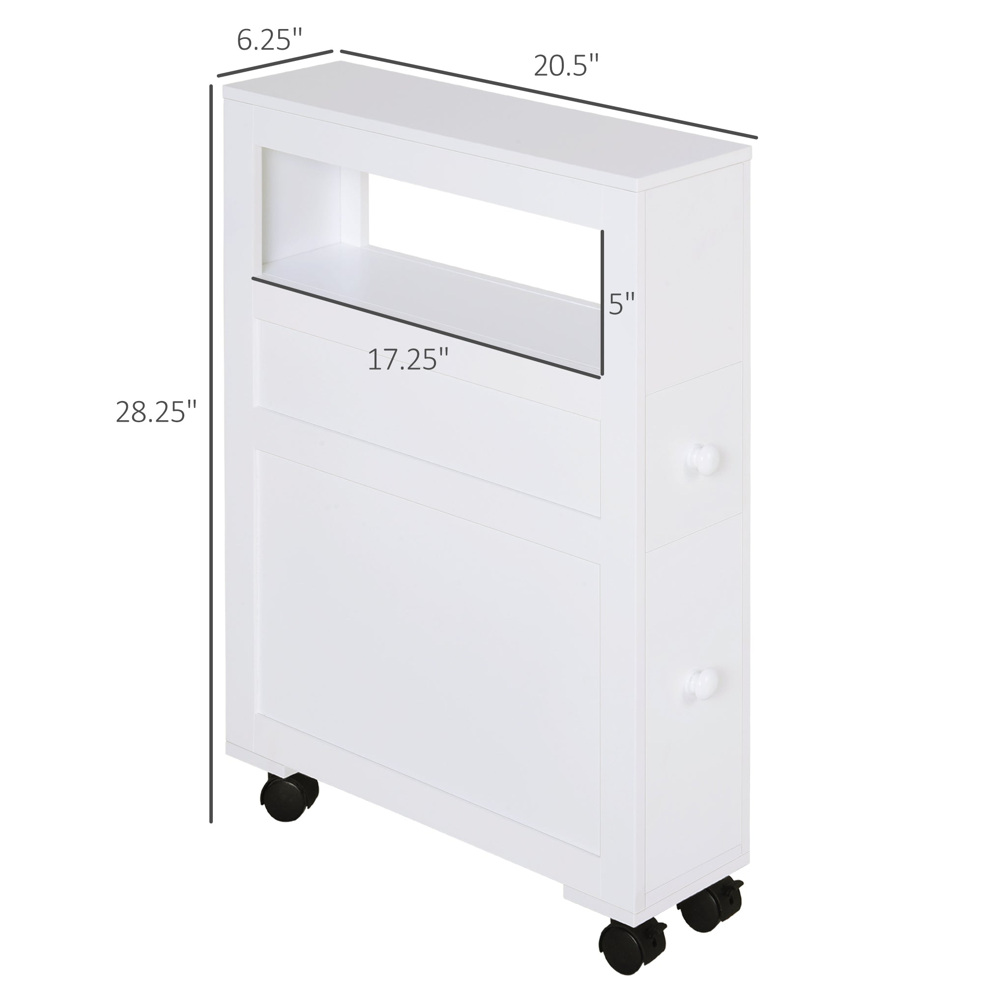 6.25" x 20.5" x 28.25" Wood Rolling Narrow Bathroom Side Storage Cabinet - White