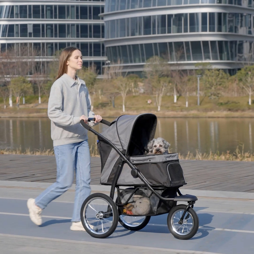 3 Wheels Pet Stroller for Small Dogs and Medium Dogs with Adjustable Canopy, Safety Tether, Storage Basket, Gray