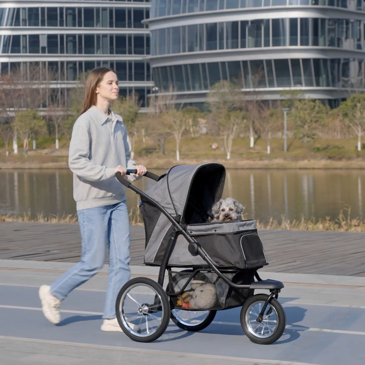 3 Wheels Pet Stroller for Small Dogs and Medium Dogs with Adjustable Canopy, Safety Tether, Storage Basket, Gray