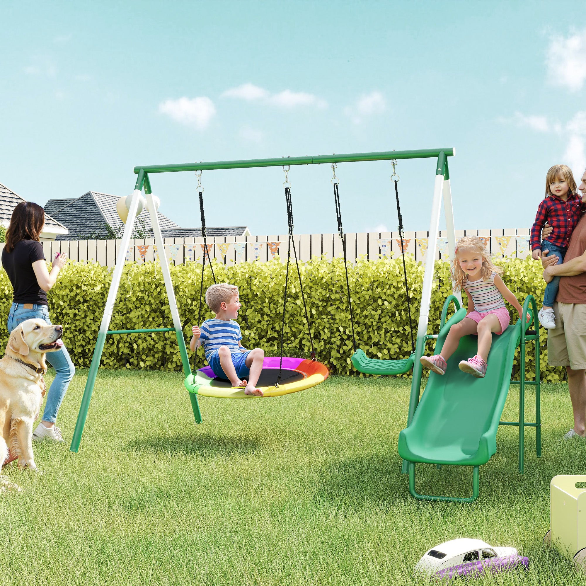 Metal Swing Set with Slide, Saucer Swing Seat, Heavy Duty A-Frame Stand and Adjustable Rope for Backyard, Dark Green