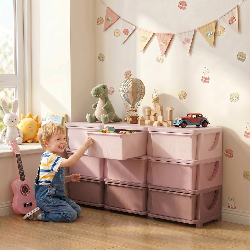 29.5" 3 Tier Kids Storage Unit Dresser Tower w/ 9 Drawers, Pink